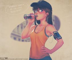 Rule 34 | 1girl, arm strap, baseball cap, blue eyes, blush, breasts, brooke (mleth), brown hair, cellphone, cleavage, coca-cola, commentary, drinking, earbuds, earphones, hair between eyes, hand on own hip, hat, highres, long hair, mleth, narrow waist, nose, original, phone, profanity, small breasts, smartphone, solo, sports bra, standing, sweat, tank top