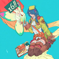 Rule 34 | 2girls, artist request, ascot, blue background, blue hair, book, boots, bow-shaped hair, brown footwear, brown shorts, closed mouth, cropped jacket, eos (ff14), fairy, final fantasy, final fantasy xiv, fingerless gloves, gloves, green hair, green jacket, hair over one eye, hand up, hat, highres, holding, holding sign, jacket, long hair, looking at viewer, mini person, minigirl, mortarboard, multiple girls, one eye covered, orange gloves, purple eyes, scholar (final fantasy), seiza, shirt, short shorts, shorts, sign, signature, sitting, tassel, thigh boots, warrior of light (ff14), white ascot, white shirt