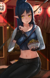 Rule 34 | 1girl, absurdres, advarcher, black pants, blue hair, blurry, blurry background, bowl, breasts, chopsticks, closed mouth, collarbone, crop top, depth of field, drawstring, food, food in mouth, highres, holding, holding bowl, holding chopsticks, indoors, long hair, looking at viewer, medium breasts, midriff, navel, noodles, original, pants, pointy ears, ponytail, smile, solo, yellow eyes