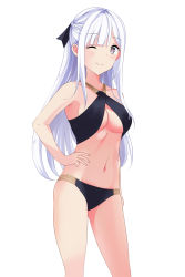 Rule 34 | 1girl, ak-12 (girls&#039; frontline), bikini, breasts, cleavage, closed mouth, girls&#039; frontline, grey eyes, halterneck, hand on own hip, highres, long hair, looking at viewer, nonbire, silver hair, simple background, smile, solo, swimsuit, tagme, white background