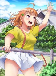 Rule 34 | 1girl, artist name, artist request, bare legs, blue sky, blush, braid, breasts, cloud, clover hair ornament, day, female focus, floating hair, hair ornament, hand wave, highres, house, looking at viewer, love live!, love live! sunshine!!, medium breasts, miniskirt, nail, nail polish, orange hair, outdoors, parted lips, pink nails, plaid, plaid skirt, pleated, pleated skirt, red eyes, shirt, short hair, short sleeves, side braid, skirt, sky, smile, solo, takami chika, white skirt, yellow shirt