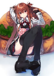Rule 34 | 1girl, black footwear, black skirt, black thighhighs, blush, brown hair, cardigan, commentary request, convenient leg, full body, hair between eyes, hair ribbon, highres, kuwashima rein, loafers, long hair, long sleeves, looking at viewer, original, pig, pleated skirt, red eyes, ribbon, school uniform, shoes, sitting, skirt, sleeves past wrists, smile, solo, thighhighs, tororo inniina, twintails, two side up, zettai ryouiki