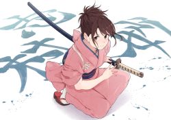 Rule 34 | brown eyes, brown hair, character name, dorsiflexion, fighting stance, from above, full body, gintama, highres, holding, holding sword, holding weapon, japanese clothes, kimono, kneeling, kobaji, looking at viewer, on one knee, paint splatter, ready to draw, sandals, sheath, sheathed, shimura tae, socks, solo, sword, tasuki, text background, weapon, white background, white socks