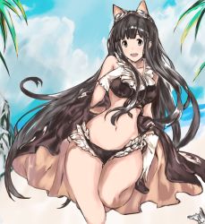 Rule 34 | 10s, 1girl, :d, animal ears, bare shoulders, beach, bikini, black bikini, black eyes, black hair, blue sky, blush, breasts, cat ears, cleavage, cloud, curvy, day, fake animal ears, gloves, goggles, goggles on head, granblue fantasy, hand on own chest, jessica (granblue fantasy), large breasts, long hair, moko (alice), navel, open mouth, outdoors, sky, smile, solo, swimsuit, thick thighs, thighs, very long hair, white eyes, white gloves, wide hips