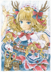 Rule 34 | 1girl, absurdres, adapted costume, alice margatroid, antlers, apron, blonde hair, blue bow, blue dress, blue eyes, blunt bangs, bow, bowtie, capelet, commentary, cowboy shot, dress, frilled capelet, frilled hairband, frilled ribbon, frills, hair bow, hairband, highres, horns, jewelry, kisarush, long hair, long sleeves, looking at viewer, painting (medium), parted lips, puppet rings, red bow, red bowtie, red hairband, red ribbon, ribbon, ring, scissors, shanghai doll, touhou, traditional media, waist apron, watercolor (medium), white apron, white capelet