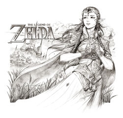 Rule 34 | 1girl, armor, breasts, cape, castle, circlet, cloud, copyright name, dave rapoza, dress, fingerless gloves, gloves, grass, greyscale, hatching (texture), highres, leaf, long hair, monochrome, nintendo, pointy ears, princess zelda, shoulder armor, sidelocks, signature, small breasts, solo, the legend of zelda, the legend of zelda: twilight princess