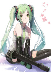 Rule 34 | 1girl, :3, bare shoulders, between legs, black skirt, black sleeves, black thighhighs, blush, boots, commentary, crossed legs, detached sleeves, flower, green eyes, green hair, green necktie, grey shirt, hair ornament, hand between legs, hatsune miku, headphones, highres, light blush, long hair, looking at viewer, necktie, shi-ro, shiny clothes, shirt, shoulder tattoo, sitting, skirt, sleeveless, sleeveless shirt, smile, solo, tattoo, thigh boots, thighhighs, twintails, very long hair, vocaloid, white background, zettai ryouiki