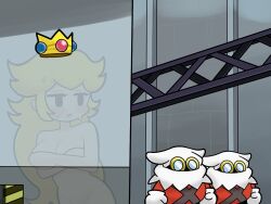 Rule 34 | 1girl, black eyes, blonde hair, blush, breasts, cleavage, completely nude, covering breasts, covering privates, crown, indoors, kuwagata zaurus, long hair, mario (series), nintendo, nude, paper mario, paper mario: the thousand year door, parted lips, princess peach, sweat, transparent, very long hair, x-naut