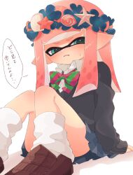Rule 34 | 1girl, black cardigan, blue eyes, blue skirt, blunt bangs, blush, bow, bowtie, brown footwear, cardigan, collared shirt, commentary request, disgust, half-closed eyes, head wreath, highres, inkling, inkling girl, inkling player character, invisible chair, long hair, nintendo, parted lips, pink hair, pleated skirt, pointy ears, salmon 100, school uniform, seashell, shell, shirt, sitting, skirt, socks, solo, speech bubble, splatoon (series), striped bow, striped bowtie, striped clothes, sweat, tentacle hair, translation request, white shirt, white socks