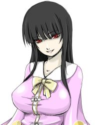 Rule 34 | &gt;:d, 1girl, :d, alternate breast size, black hair, blunt bangs, bow, bowtie, breasts, capelet, female focus, ginji (sakaki summer), grin, head tilt, hime cut, houraisan kaguya, huge breasts, large breasts, lips, long hair, looking at viewer, open mouth, pale skin, red eyes, shiny clothes, simple background, smile, solo, touhou, upper body, v-shaped eyebrows, white background
