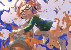 Rule 34 | 1boy, absurdres, closed mouth, commentary request, fur-trimmed jacket, fur trim, gradient background, green jacket, headpiece, highres, holding, holding weapon, inkling, inkling boy, inkling player character, jacket, koyomi yamai, male focus, nintendo, orange hair, paint, purple background, short hair, simple background, sloshing machine (splatoon), solo, splatoon (series), splatoon 3, tentacle hair, weapon, yellow eyes