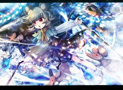 Rule 34 | 1girl, animal ears, bad id, bad pixiv id, basket, belt, capelet, crystal, danmaku, dowsing rod, dress, female focus, fumiko (miruyuana), glowing, glowing eyes, grey dress, grey eyes, highres, letterboxed, light trail, long sleeves, mouse (animal), mouse ears, mouse tail, nazrin, open mouth, outstretched arms, red eyes, shirt, short hair, solo, tail, touhou