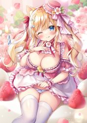Rule 34 | 1girl, animal ears, bare shoulders, blonde hair, blush, breasts, cleavage, clothes lift, dress, flower, food, frills, fruit, hair ornament, hat, large breasts, lifting own clothes, long hair, looking at viewer, mitsuba choco, one eye closed, original, panties, ribbon, smile, solo, strawberry, striped clothes, striped panties, thighhighs, underwear