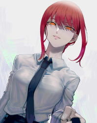 Rule 34 | 1girl, black necktie, black pants, braid, braided ponytail, breasts, business suit, chainsaw man, collared shirt, eyebrows, foreshortening, formal, long sleeves, looking at viewer, makima (chainsaw man), medium breasts, medium hair, necktie, neckwear request, pants, parted lips, red eyes, ringed eyes, shirt, shirt tucked in, simple background, solo, suit, walzrj, white background, yellow eyes