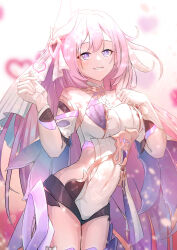 Rule 34 | 1girl, absurdres, bare shoulders, black shorts, breasts, brooch, caisena, clothing cutout, covered navel, detached sleeves, elbow gloves, elysia (herrscher of human: ego) (honkai impact), elysia (honkai impact), gloves, hair between eyes, hand on own chest, heart, heart brooch, highres, honkai (series), honkai impact 3rd, jewelry, long hair, looking at viewer, pink background, pink hair, pink pupils, shirt, short shorts, shorts, side cutout, smile, teeth, thighs, triquetra, very long hair, white gloves, white shirt, white veil