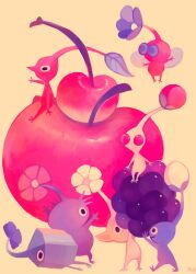 Rule 34 | apple, black eyes, blackberry (fruit), blue eyes, cherry, commentary, english commentary, flower, food, fruit, glitchedpuppet, leaf, muted color, no humans, pikmin (creature), pikmin (series), pointy ears, red eyes, signature, simple background, tan background, wings