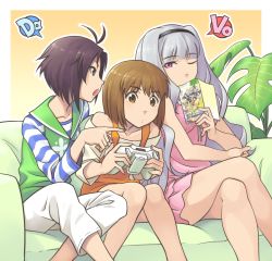 Rule 34 | 10s, 3girls, antenna hair, arguing, bare legs, bare shoulders, black hair, blue hair, bob cut, book, brown eyes, brown hair, casual, controller, couch, covering face, covering own mouth, covering privates, crossed legs, female focus, fourth wall, game console, game controller, gamepad, green upholstery, hagiwara yukiho, idolmaster, idolmaster (classic), idolmaster 2, instruction manual, kikuchi makoto, leaning forward, long hair, meta, multiple girls, off shoulder, one eye closed, open book, pants, plant, playing games, red eyes, sat (yukipoha), shijou takane, shirt, short hair, silver hair, sitting, striped clothes, striped shirt, white pants, wink, xbox, xbox 360