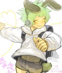Rule 34 | 1boy, :d, animal ears, backpack, bad drawr id, bad id, bag, black bag, brown shorts, character request, colored sclera, copyright request, green hair, headphones, heart, hood, hood down, hoodie, kima, long sleeves, male focus, midriff, oekaki, open mouth, rabbit ears, rabbit tail, short hair, shorts, simple background, smile, solo, tail, teeth, translation request, upper teeth only, white background, white hoodie, yellow eyes, yellow nails