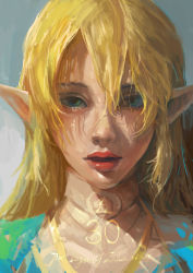 Rule 34 | 1girl, absurdres, blonde hair, blue dress, blue eyes, copyright name, dress, elf, english text, hair between eyes, highres, long hair, looking at viewer, nintendo, open mouth, pointy ears, princess zelda, shaded face, simple background, solo, tagme, the legend of zelda, the legend of zelda: breath of the wild, upper body, zhu lijie