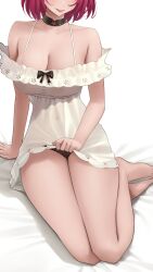 Rule 34 | 1girl, absurdres, bare legs, black choker, breasts, choker, cleavage, clothes lift, commentary, dress, english commentary, highres, hololive, hololive english, irys (casualrys) (hololive), irys (hololive), kneehighs, lace-trimmed choker, lace trim, legs, no shoes, off-shoulder dress, off shoulder, official alternate costume, official alternate hairstyle, red hair, short hair, simple background, skirt, skirt lift, socks, solo, somebody (leiking00), thighs, tongue, tongue out, virtual youtuber, white background, white dress