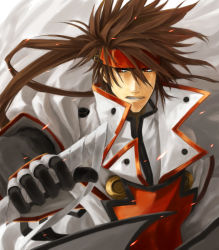 Rule 34 | 1boy, arc system works, black gloves, brown hair, collair, collair (cono), forehead protector, gloves, guilty gear, guilty gear xx slash, headband, long hair, male focus, order-sol, order sol, ponytail, popped collar, red eyes, reverse grip, sol badguy, solo, spiked hair, sword, uniform, weapon, aged down