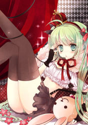 Rule 34 | 1girl, breasts, cleavage, crown, fingerless gloves, gloves, green eyes, green hair, hatsune miku, headset, ishikawa sae, long hair, matching hair/eyes, midriff, panties, pantyshot, rabbit, skirt, small breasts, solo, striped clothes, striped panties, stuffed animal, stuffed toy, thighhighs, twintails, underwear, upskirt, very long hair, vocaloid