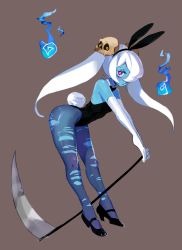 Rule 34 | 1girl, black bow, black bowtie, black footwear, black hairband, black leotard, blue fire, blue skin, bow, bowtie, brown background, colored skin, detached collar, elbow gloves, fake tail, fire, full body, ghost, gloves, hair ornament, hair over one eye, hairband, highres, leaning back, leotard, long hair, original, pantyhose, playboy bunny, rabbit tail, red eyes, scythe, shoes, simple background, skull hair ornament, solo, standing, strapless, strapless leotard, tail, torn clothes, torn pantyhose, twintails, white gloves, white hair, zambiie