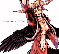 Rule 34 | 1990s (style), 1girl, akiakane, arm up, black wings, bodysuit, breasts, center opening, cleavage, final fantasy, final fantasy viii, large breasts, looking at viewer, navel, retro artstyle, revealing clothes, simple background, solo, tattoo, ultimecia, white background, wings