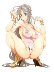 Rule 34 | 1girl, aa megami-sama, antenna hair, armpits, ass, bare legs, bare shoulders, belldandy, blue eyes, bracelet, breasts, choker, cigarette, cleavage, cleft of venus, collarbone, earrings, facial mark, feet, female pubic hair, forehead mark, grey hair, groin, high heels, highres, jewelry, joy division, large breasts, legs, light smile, lingerie, long hair, looking at viewer, lots of jewelry, nipples, panties, pubic hair, pussy, ring, see-through, simple background, smile, smoking, solo, squatting, thighs, toes, uncensored, underwear, very long hair, wedding ring, wedgie, white background, white panties