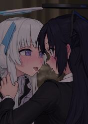 2girls absurdres after_kiss black_jacket blue_archive blurry blurry_background blush commentary_request eye_contact halo highres jacket korean_commentary long_sleeves looking_at_another multiple_girls noa_(blue_archive) okokorika purple_eyes purple_hair saliva saliva_trail school_uniform tongue tongue_out two_side_up white_hair yuri yuuka_(blue_archive)