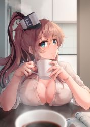 Rule 34 | 1girl, blue eyes, breast rest, breasts, breasts on table, brown hair, cleavage, coffee, collared shirt, cup, hair between eyes, hair ornament, highres, holding, holding cup, k jie, kantai collection, large breasts, looking at viewer, on table, open clothes, open shirt, ponytail, pov, saratoga (kancolle), shirt, side ponytail, sidelocks, smile, smokestack, smokestack hair ornament, steam, table, unbuttoned, unbuttoned shirt, white shirt