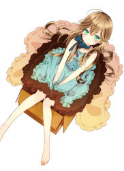 Rule 34 | 1girl, :&lt;, barefoot, between thighs, blush, box, brown hair, cardboard box, dress, from above, green eyes, highres, in box, in container, long hair, looking at viewer, looking up, neck ribbon, nico (pori pori pori), original, ribbon, sitting, skirt, solo, v arms, very long hair