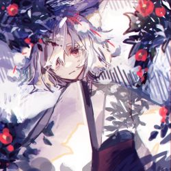 Rule 34 | 1girl, animal ear fluff, animal ears, branch, flower, hand up, highres, inubashiri momiji, japanese clothes, kimono, looking at viewer, pom pom (clothes), red eyes, shi chimi, short hair, sleeves past fingers, sleeves past wrists, touhou, upper body, white hair, white kimono, wide sleeves, wolf ears
