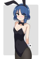 Rule 34 | 1girl, animal ears, annoyed, arms behind back, asymmetrical hair, bare shoulders, black bow, black bowtie, black leotard, black pantyhose, blue hair, blush, bocchi the rock!, border, bow, bowtie, breasts, closed mouth, collarbone, commentary, covered navel, cowboy shot, detached collar, embarrassed, fake animal ears, frown, furrowed brow, grey background, hair ornament, hair over one eye, hairclip, highres, leotard, looking at viewer, mole, mole under eye, motti (motthi0711), nose blush, outside border, pantyhose, playboy bunny, rabbit ears, short hair, short hair with long locks, single sidelock, skinny, small breasts, solo, strapless, strapless leotard, sweatdrop, v-shaped eyebrows, white border, wrist cuffs, yamada ryo, yellow eyes