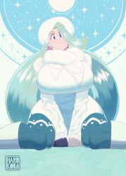 Rule 34 | 1girl, black gloves, blue background, blue eyes, blue pantyhose, boots, breasts, creatures (company), earrings, fur collar, fur hat, fur trim, game freak, gloves, green hair, hardkoba, hat, highres, huge breasts, jewelry, long hair, looking at viewer, melony (pokemon), nintendo, pantyhose, pokeball symbol, pokemon, pokemon swsh, ring, smile, sparkle, sparkle background, sweater, thick eyebrows, thick thighs, thighs, ushanka, wedding ring, white background, white footwear, white sweater