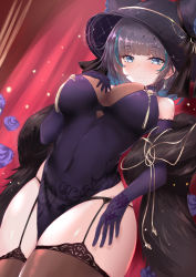 Rule 34 | 1girl, animal ears, azur lane, bare shoulders, black hair, black hat, black panties, blue eyes, breasts, brown thighhighs, cat ears, cheshire (azur lane), cheshire (cait sith crooner) (azur lane), china dress, chinese clothes, cleavage, covered navel, cowboy shot, dress, earrings, elbow gloves, fake animal ears, feather boa, fedora, garter straps, gloves, habu rin, hand on own chest, hat, highres, jewelry, large breasts, looking at viewer, multicolored hair, official alternate costume, panties, pelvic curtain, purple dress, purple gloves, see-through, see-through cleavage, short hair, skindentation, sleeveless, sleeveless dress, smile, solo, streaked hair, string panties, thighhighs, thighs, underwear