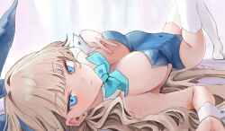 Rule 34 | 1girl, absurdres, animal ears, blonde hair, blue archive, blue eyes, blue leotard, bow, bowtie, breasts, chen bingyou, detached collar, fake animal ears, highres, large breasts, leotard, long hair, looking at viewer, lying, official alternate costume, on back, playboy bunny, rabbit ears, solo, strapless, strapless leotard, thighhighs, toki (blue archive), toki (bunny) (blue archive), very long hair, white thighhighs, wrist cuffs