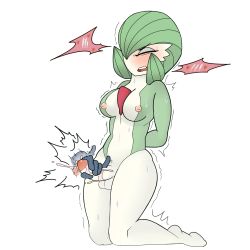 Rule 34 | 1girl, absurdres, arms behind back, blush, breasts, closed eyes, creatures (company), disembodied hand, erection, feet, furry, furry female, futanari, game freak, gardevoir, gen 3 pokemon, green hair, hair over one eye, handjob, heart, highres, kneeling, large breasts, lotion, m0n1e, navel, nintendo, nipples, open mouth, penis, pokemon, pokemon (creature), pokemon rse, red eyes, short hair, simple background, solo, spoken heart, sweat, teeth, testicles, trembling, uncensored, white background