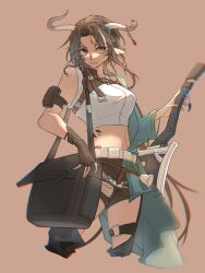 Rule 34 | 1girl, absurdres, arknights, bag, bare shoulders, black gloves, black shorts, breasts, brown background, brown hair, chaps, commentary request, crop top, fingerless gloves, gloves, grey eyes, highres, horns, large breasts, linjiangshasha, long hair, looking at viewer, material growth, midriff, navel, oripathy lesion (arknights), shirt, short shorts, shorts, simple background, single glove, sleeveless, sleeveless shirt, smile, solo, standing, stomach, thigh strap, thighs, white shirt, wind chimes (arknights)