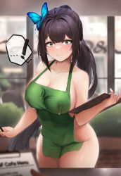 Rule 34 | !, 1girl, absurdres, apron, black hair, blurry, blurry background, blush, breasts, butterfly hair ornament, cafe, cleavage, closed mouth, collarbone, commission, covered erect nipples, green apron, green eyes, hair between eyes, hair ornament, highres, holding, holding menu, holding pencil, iced latte with breast milk (meme), indoors, korean commentary, lactation, lactation through clothes, large breasts, legs together, long hair, looking at viewer, meme, meme attire, menu, naked apron, nine (kanine41), original, pencil, sidelocks, smile, solo, spoken exclamation mark, standing, thighhighs, window