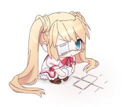Rule 34 | 1girl, :&lt;, blonde hair, blue eyes, brown footwear, chibi, closed mouth, commentary request, dress, eyepatch, frilled dress, frills, frown, hair between eyes, kazamatsuri institute high school uniform, long hair, looking at viewer, nakatsu shizuru, natsuoto rito, one eye covered, pantyhose, pink dress, puffy short sleeves, puffy sleeves, rewrite, school uniform, short sleeves, simple background, solo, squatting, twintails, v-shaped eyebrows, very long hair, white background, white pantyhose