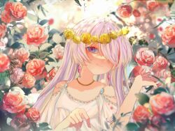 Rule 34 | 1girl, ancient greek clothes, blue eyes, chiton, earrings, flower, flower wreath, greco-roman clothes, hair over one eye, jewelry, light smile, long hair, looking at viewer, maria marionette, necklace, nijisanji, nijisanji en, nina0927ye, pink hair, rose, solo