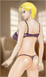 Rule 34 | 1girl, ass, bad id, bad pixiv id, blonde hair, blue eyes, bra, breasts, earrings, from behind, jewelry, king (snk), large breasts, looking back, momio (judoroux), short hair, solo, stud earrings, the king of fighters, thong, underwear, underwear only, very short hair