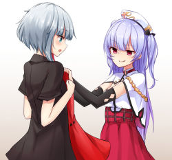 Rule 34 | 2girls, admiral graf spee (azur lane), ajax (azur lane), alternate costume, aqua hair, azur lane, blue eyes, bow, capelet, commentary request, dress, elbow gloves, gloves, grey hair, hair bow, hat, holding, holding clothes, holding dress, licking lips, long hair, multiple girls, osisio, red eyes, short hair, short twintails, simple background, tongue, tongue out, twintails, unworn dress