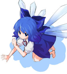 Rule 34 | 1girl, barefoot, blue eyes, blue flower, blue rose, blush, bow, cirno, female focus, flower, from above, full body, hair bow, looking up, mirino, rose, simple background, sketch, smile, solo, touhou, white background, wings