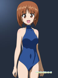 Rule 34 | 1girl, blue one-piece swimsuit, blush, breasts, brown eyes, brown hair, dated, girls und panzer, highres, large breasts, looking at viewer, naotosi, nishizumi miho, one-piece swimsuit, open mouth, short hair, signature, smile, solo, swimsuit