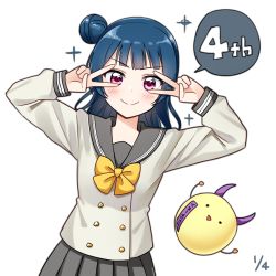 Rule 34 | &gt;:), . ., 1girl, blue hair, blush, bow, bowtie, buttons, dated, deadnooodles, demon horns, di gi charat, double-breasted, double v, finger counting, gema, grey skirt, hair bun, horns, long hair, long sleeves, looking at viewer, love live!, love live! sunshine!!, pleated skirt, purple eyes, school uniform, serafuku, side bun, simple background, single side bun, skirt, smile, sparkle, spoken number, triangle mouth, tsushima yoshiko, uranohoshi school uniform, v, v over eye, white background, yellow neckwear
