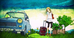 Rule 34 | 1girl, bag, blonde hair, car, flower, glasses, grass, highres, house, light smile, long hair, md5 mismatch, motor vehicle, redjuice, resolution mismatch, road sign, rolling suitcase, sandals, sign, sky, solo, source smaller, star (symbol), suitcase, supercell (band), trabant, tree, vehicle, yellow eyes