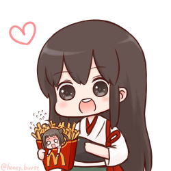 Rule 34 | 2girls, :d, akagi (kancolle), antenna hair, batta (ijigen debris), blank eyes, blush, brown eyes, brown hair, chibi, commentary request, double bun, flying sweatdrops, food, french fries, hair bun, heart, holding, in food, japanese clothes, kantai collection, long hair, mcdonald&#039;s, mini person, minigirl, multiple girls, muneate, naka (kancolle), o o, open mouth, round teeth, scared, simple background, smile, teeth, twitter username, upper teeth only, white background, wristband