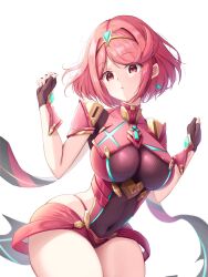 Rule 34 | breasts, highres, large breasts, okazu2010015, pyra (xenoblade), red eyes, red hair, short hair, simple background, white background, xenoblade chronicles (series), xenoblade chronicles 2